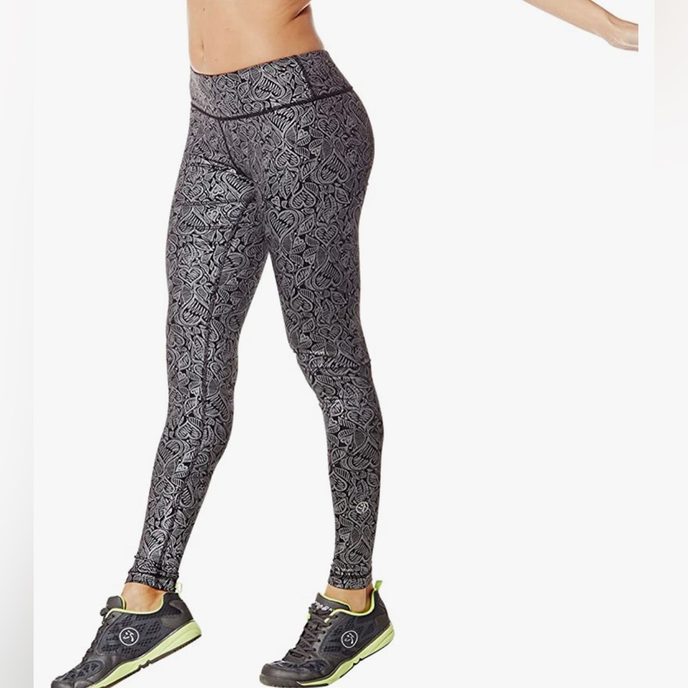 VINTAGE Zumba Heart Perfect Long Leggings Black Silver Metallic Size L